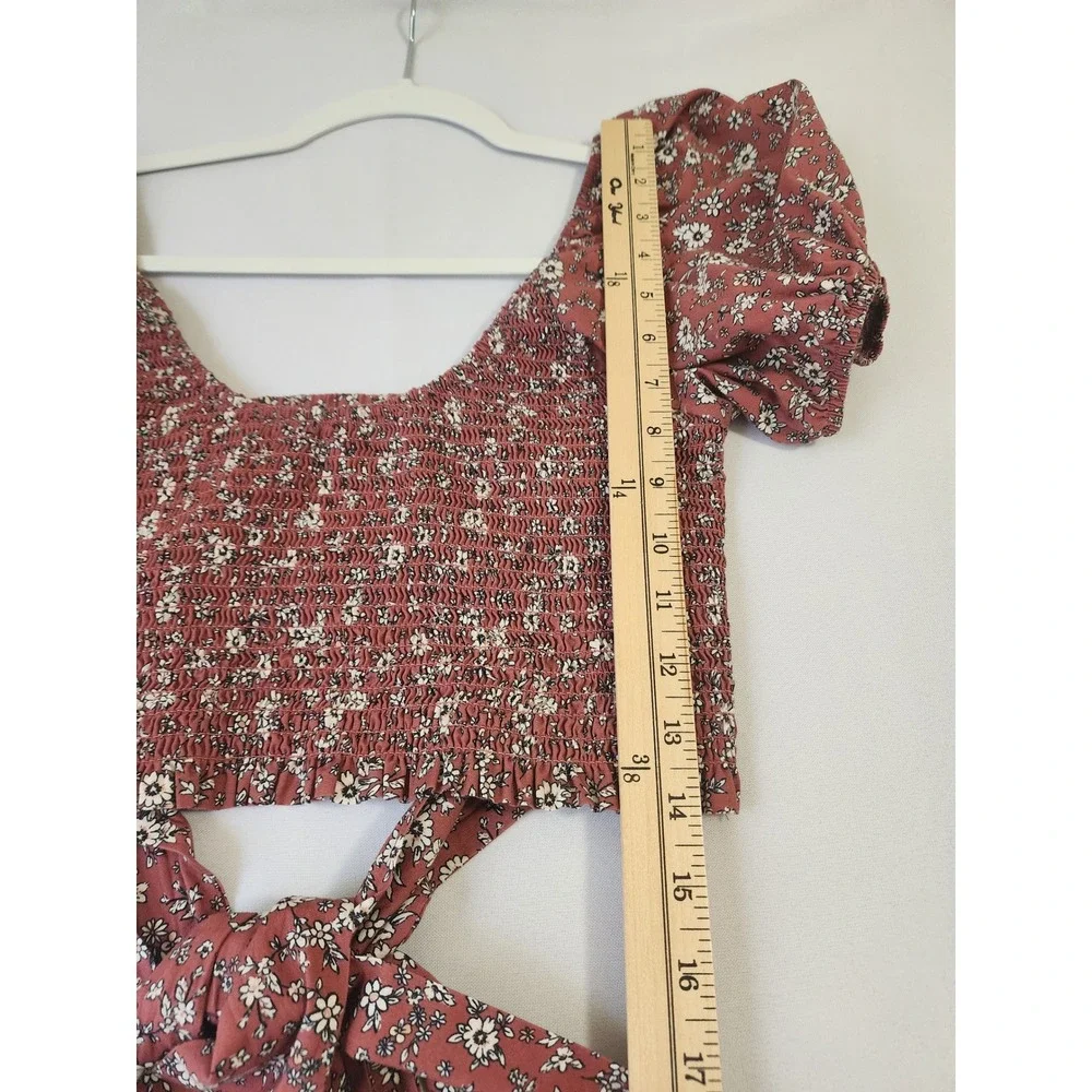 Altar'd State Floral Smocked Crop Top Rust Puff Sleeve Tie Back KEMLA U50 Small - Picture 4 of 9